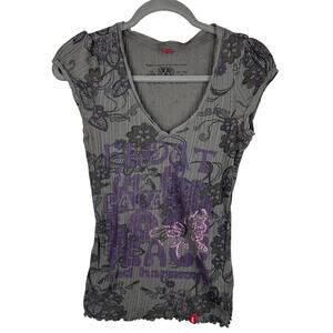 Y2K edc Shirt S Fairy Floral Butterfly Grunge Long Rib Knit Short Sleeve Fitted